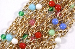 Vintage Multi Strand Gold Tone Chain and Glass Bead Bracelet